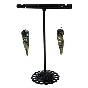 🎄 Christmas Gift Idea — Turquoise Goddess Carved Stone Earrings – 925 2¼" Drop